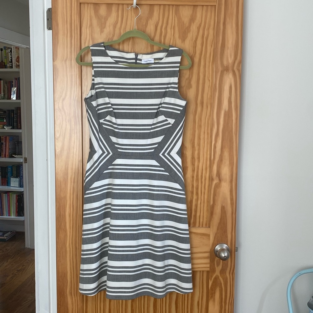 Calvin Klein Gray/White Stripe Fit and Flair Dress Size 10